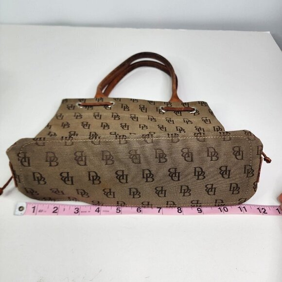 Dooney & Bourke Khaki Signature Monogram Canvas Tan Leather Tassel Tote - Picture 12 of 16